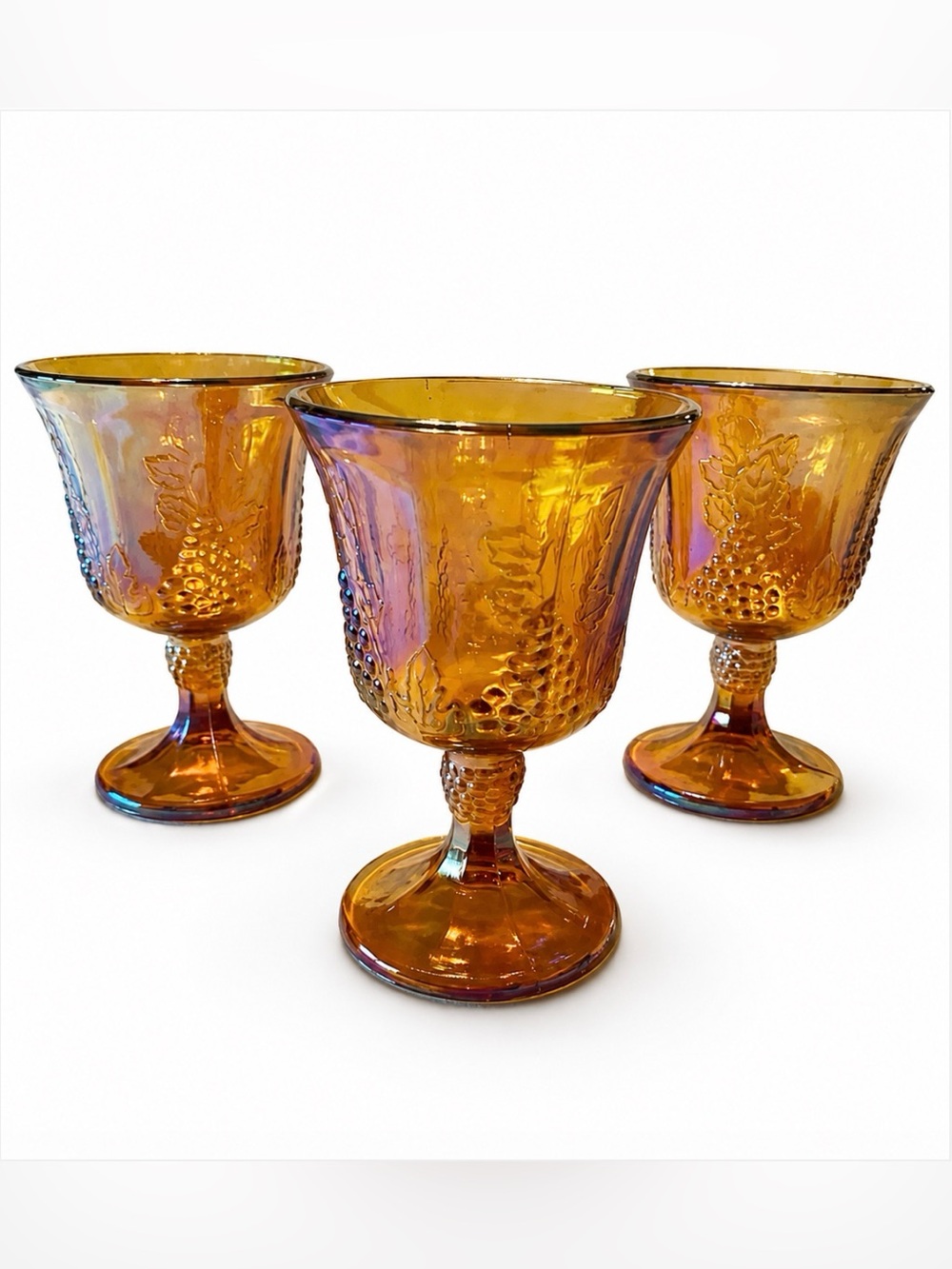 Indiana Glass Marigold Harvest Carnival Glass Goblets Set of 3 EUC Vintage
